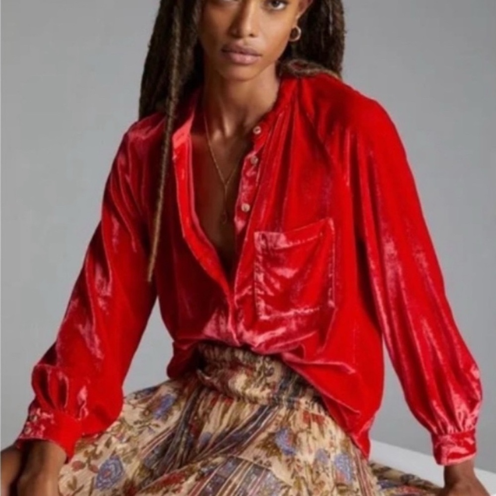 Pilcro by Anthropologie Red Velvet Top Blouse Size Large